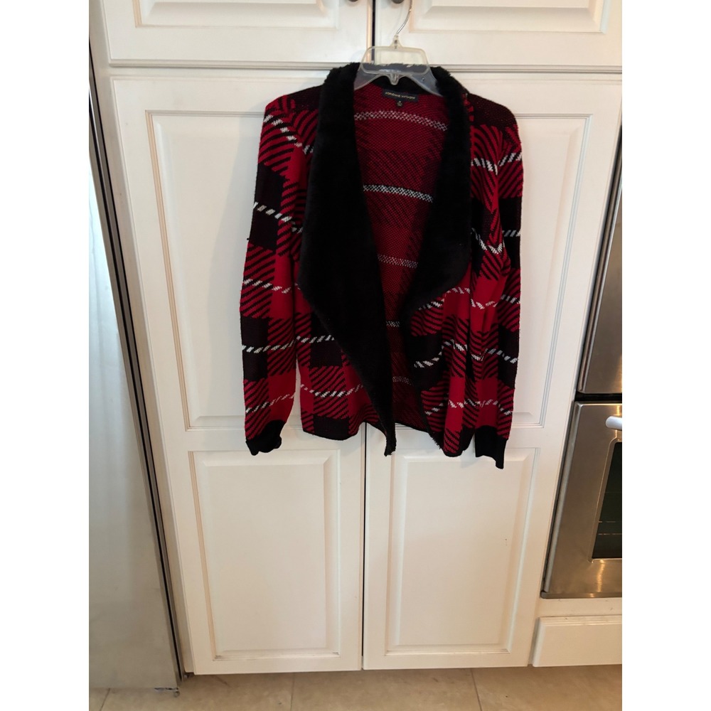 Adrienne‎ Vittadini Womens Red Black Plaid Faux Fur Collar Cardigan Sweater M